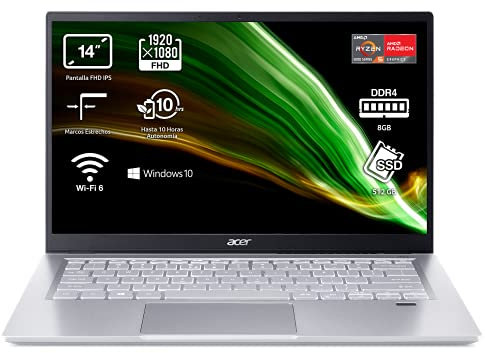 Acer Swift 3 SF314-43-R1PS - Ordenador Portátil Ultrafino 14 FullHD (AMD Ryzen 5 5500U, 8GB RAM, 512GB SSD, AMD Radeon Graphics, Windows 10 Home) Plata - Teclado QWERTY Español