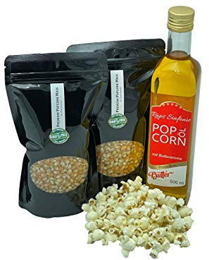 Hopser Food Fun Partyset Popcorn Zutaten 2 x 500g Premium Popcorn Mais, 500ml Popcornöl mit feinem natürlichem Butter-Aroma Popcornset für Popcornmaschine
