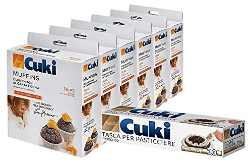 Cuki Contenitori In Carta Forno Antiaderenti Muffins - Ø7,9 X H3,5 Cm - 4 Vassoi da 4 Contenitori - 6 Confezioni da 16 Pezzi + Tasca per Pasticciere (10 tasche + 3 beccucci) - 1 confezione