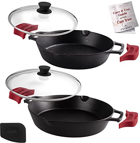 Cast Iron Skillet Set - 10 + 12-Inch Dual Handle Frying Pans + Glass Lids + Silicone Handle Holder Covers - Pre-seasoned Oven Safe Cookware - Indoor/Outdoor Use - Grill, Stovetop, Induction Safe