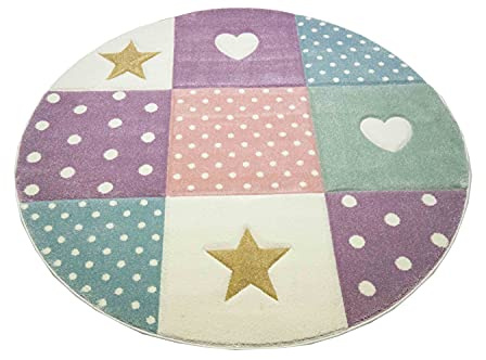 Teppich-Traum Kinderteppich Rund Herz Sterne Punkte Grün Rosa Ø 120 cm | Weich und wärmend, pflegeleicht, strapazierfähig, allergikerfreundlich und OEKO-TEX geprüft, für Kinderzimmer