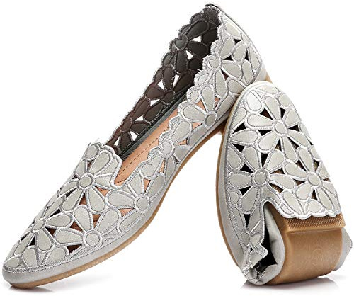 HEAWISH Women's Floral Ballet Flats for Women Black Beige Slip On Flowers PU Leather Round Toe Dress Shoes(Grey,US7.5)