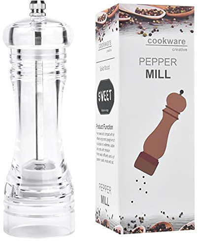 Pinsheng Clear Pepper Grinder, 16.7cm Acrylic Clear Salt Salt and Pepper Mill Grinder, Peppercorn Grinders with Ceramic Blades and Adjustable Coarseness