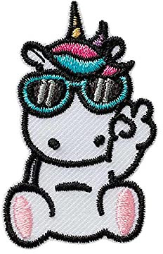 Einhorn mit Brille Tier - Aufnäher, Bügelbild, Aufbügler, Applikationen, Patches, Flicken, zum aufbügeln, Größe: 2,9 x 4,8 cm