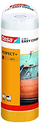 tesa Easy Cover Perfect+ Refill M - 2in1 Malerfolie mit Malerband aus Washi-Papier - zum Abkleben und Abdecken bei Malerarbeiten - 17 m x 2,60 m