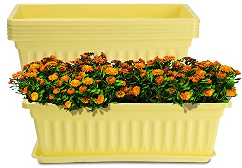 HOXHA Confezione da 6 fioriere da finestra, in plastica, con vassoio, rettangolari, per interni ed esterni, per davanzale, patio, veranda, giardino, balcone