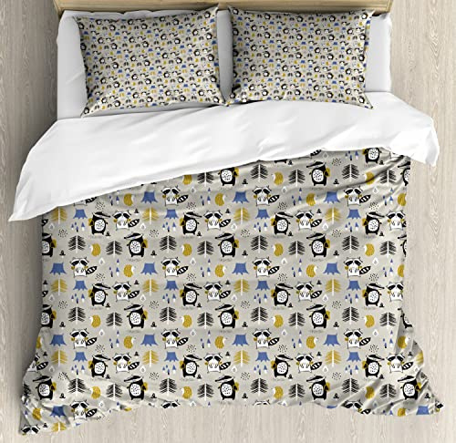 Ambesonne Woodland Duvet Cover Sets, Hedgehog Skunk and The Beaver in The Forest Pines Mushrooms Leaf Theme, Bedding Set with 2 Duvet Covers & 4 Pillowcases, 2 Pack Queen Size, Multicolor