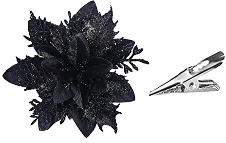 HGUIM 12 Stück glitzernde schwarze Weihnachtssterne 14 cm künstliche Weihnachtssterne Weihnachtsblumen mit Clips Weihnachtsbaum Blumen Ornament für Weihnachten Urlaub und Party Dekoration