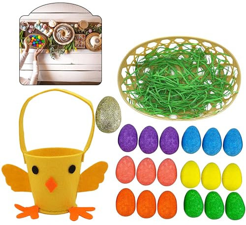 SRVertex 21Pcs Easter Chick Basket Set – 25cm Felt Bucket with Handle & Glitter Eggs, Golden Egg Hunt Basket, Kids Easter Party Bag, Treat Storage, Gift Wrapping, Reusable Home & Garden Decoration