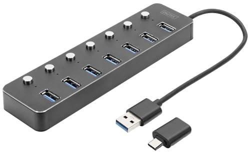 DIGITUS Hub USB 3.0 a 7 porte - fino a 5 Gbit/s - porte commutabili individualmente - incluso adattatore da USB-A a USB-C - Plug & Play - alloggiamento in alluminio - con alimentatore - grigio scuro