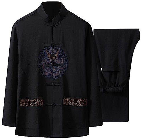 Rubruan Herren Anzug Tangzhuang Uniform - Traditionelle Chinesische Gestickte Kleidung Kampfkunst Trainingsanzug Langärmelige Jacke elastisch Hosenbund Stehkragen – Baumwolle Leinen