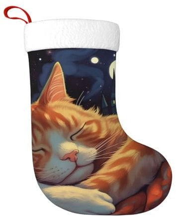cfpolar Niedliche schlafende Katze Sternenhimmel Weihnachtsstrümpfe 45 cm, Weihnachtsbaum hängende Strumpf Weihnachtsdekorationen Ornamente Strumpf Klassischer Geschenkhalter für Famliy Home Party