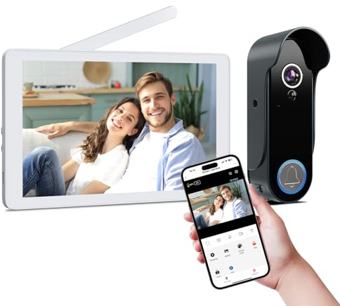 VKJ Wireless Doorbell Camera with Monitor Screen, Video Doorbell with 8 Touch Monitor Screen, Wireless Video Doorbell Intercom System, 1080p, Motion Detector, No Monthly Fees, Tuya APP 2.4G/5G