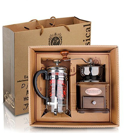 Macinacaffè manuale stile vintage, macinino manuale e macchina for caffè/tè con pressa francese, set in confezione regalo/132