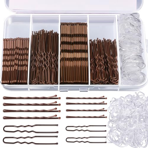 Teenitor 300pcs Bobby Pins Kit - 100 Hair Pins for Women, 100 Brown, 100 Hair Bands - U Shape Pins for Buns, 2inch, 2.36inch, 2.75inch