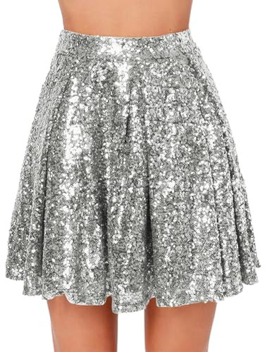 Pailletten Rock Damen Kurz Minirock High Waist Paillettenrock Festliche Röcke A-Linie Faltenrock Sommerröcke Damen Elegant Plissee Rock Glitzer Plisseerock Sexy Mini Rock Sommerrock Moden Damenrock