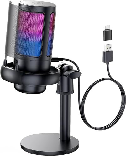 GKEAPZA USB Gaming Mikrofon für PC, Kondensatormikrofon mit RGB Lichtern, Stummschalter, Kopfhöreranschluss, Pop Filter, für Streaming, Aufnahme, Podcast, YouTube, Computer, PS5, PS
