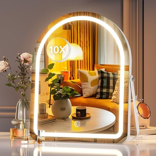 Hasipu Schminkspiegel mit Beleutung, 35 x 30 cm Kosmetikspiegel mit LED Licht, Dimmbarer Vanity Spiegel mit 3 Farbbeleuchtungsmodi, Touch Schalter, 360 ° Drehbar, 10-facher Vergrößerung, Weiß