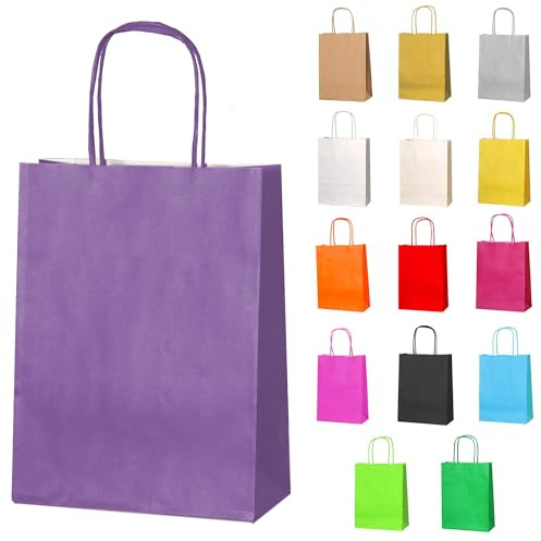 Thepaperbagstore 25 Fliederfarbene Papier-Partytüten mit Griffen – 18x22x8 cm – Bunte Geschenkpapier-Tüten für Kinder- und Erwachsenenpartys,Geburtstage,Hochzeiten,Babypartys, Junggesellinnenabschiede