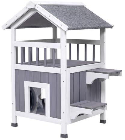 GEGURI Outdoor Cat House Weatherproof, Wooden Two-Story Feral Cat Shelter with, Escape Door, Balcony