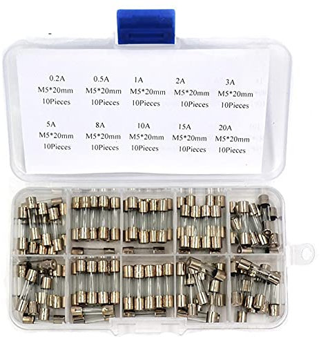 Sicherungen 100 Stück/Box flinkes Glassicherungs-Sortiment-Set, 5 x 20 mm, 0,2 A, 0,5 A, 1 A, 2 A, 3 A, 5 A, 8 A, 10 A, 15 A, 20 A, Amp-Sicherungen, elektrische Sicherungen, Röhrenmischung, Set-Sicher
