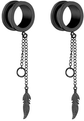 Tolldek 22mm Flesh Tunnel Set 2er, Rund mit Kette Blatt Anhänger Ohrring Plug Männer, Edelstahl Schwarz Ohrringe Piercing Schmuck Damen Körper-Piercing Schmuck
