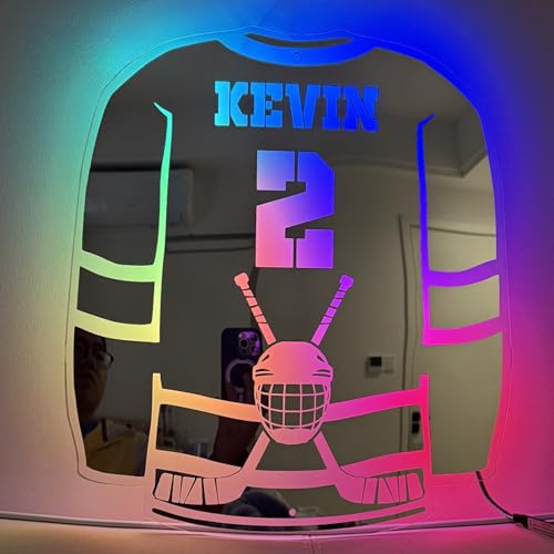 Personlig ishockeyspegel LED-ljus, anpassad personlig upplyst namnspegel neonskyltar nattlampor för väggdekoration jul födelsedagspresenter för pojke män fotbollsälskare (37 x 42 cm)