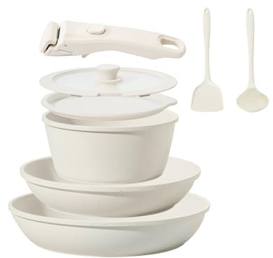 BECIGAR Juego de 8 utensilios de cocina de cerámica, sartenes de cerámica antiadherentes, juego de ollas y sartenes de cerámica con mango extraíble, juego de sartenes de cerámica apilables, juego de