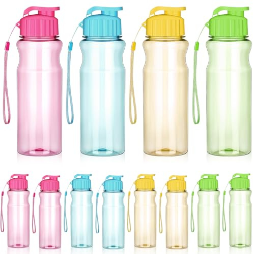 12 Pack Kids Water Bottles Bulk, 500 ml Reusable Plastic Sports Bottles | Leakproof Flip Top Drinking Bottles with Carry Straps for School, Gym, Camping, Travel, 4 Colours