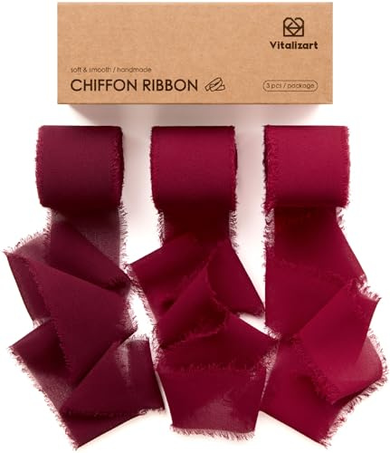 Vitalizart Geschenkband Burgunderrot & Rot 3,8 cm x 19,2 m Schleifenband | Chiffonband Breit 6,4 m x 3 Rollen Stoffband Set für Hochzeitseinladungen, Brautsträuße, Geschenke, Verpackungen, DIY-Basteln