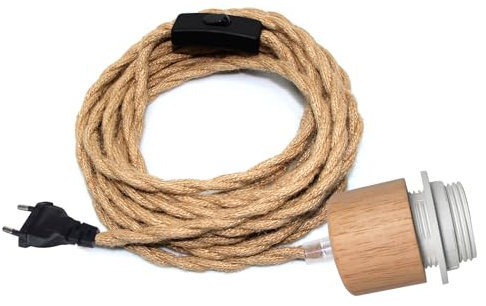 Lustre Corde de Chanvre avec Prise, 500CM Câble, Douille E27 avec Interrupteur, Corde Lampe Suspension avec Prise, Suspension Luminaire Corde, Lampe Suspendue Industrielle Rétro, Peut DIY Abat Jour
