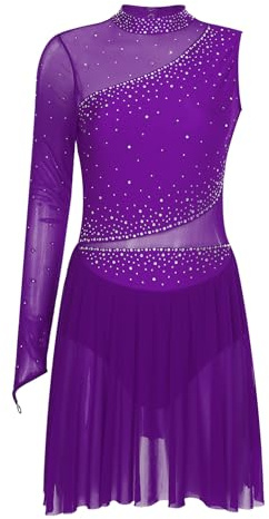 Freebily Damen Eiskunstlauf Kleid Glitzer Tanzkleid Trikot Asymmetrisch-Langarm Mit Mesh-Patchwork Rollkunstlauf Gymnastik Tanzkostüm Violett M