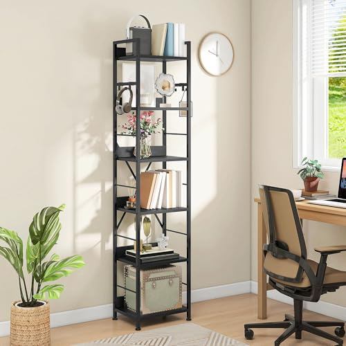 DWVO 6-stöckiges Bücherregal, Hohes Lagerregal mit Stahlrahmen, Industrielles Bücherregal mit 4 Haken, Standregal, Präsentationsständer, Für Wohnzimmer, Schlafzimmer, Schwarz Regal