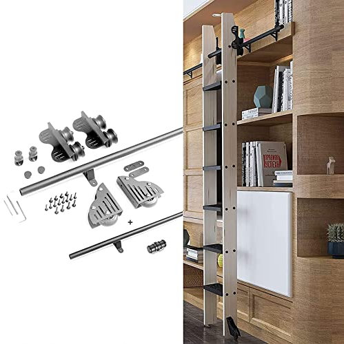 Ausziehbare Rollleiter-Hardware-Kit für Bibliothek und Bücherregal – Schiebeleiter/runde Schiene, ideal für den Innen-/Dachboden, platzsparendes Design, einfache Installation