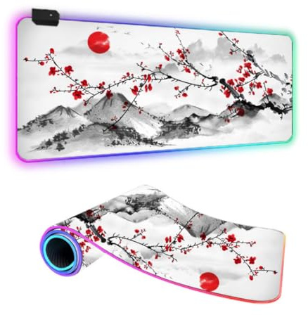 FANSU Style Japonais XXL RGB Tapis de Souris Gaming, LED 14 Effets Éclairage Antidérapante Grand sous Main Bureau pour Clavier et Souris, USB- Mouse Pad pour PC Gamer (Soleil,900x400x4mm)