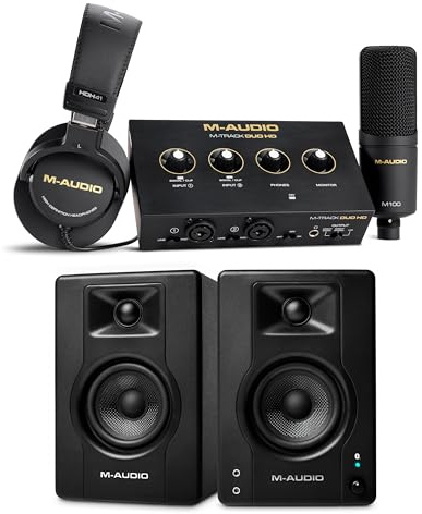 M-AUDIO BX4 Pair Bluetooth Studio Monitors Bundle with Dual XLR HD Audio Interface Pack for Studio Recording, Music Production, Podcasting, Streaming