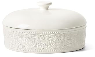 FE Ceramic Tortilla Warmer,Lace Emboss 8.8 Inch Tortilla Holder with Lid for Taco Tuesday, Mexican Night and Party,Taco Bread Pancake,Tortilleros Para Las Tortillas Caliente (Bright White)
