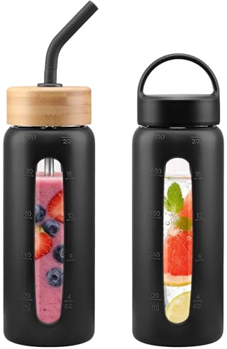HYDRAGLAZIC Bouteille d'eau en Verre, Gourde en Verre Hermétique 600 ml et 2 Couvercles, Gourde Réutilisable en Verre Borosilicate, Sans BPA, pour Enfant, Adulte Fitness, Maison, Bureau, Noir