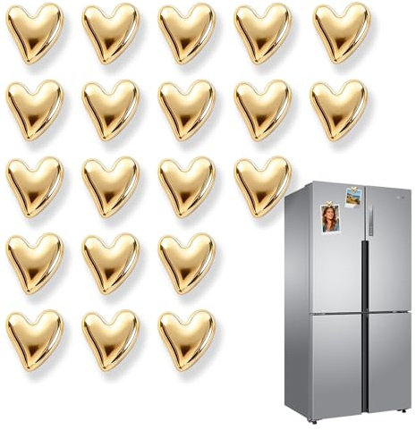 Aihoom 20 Pièces Aimants Frigo Dorés en Forme de Cœur, Magnets Puissants et Décoratifs, Décoration Maison, Petits Aimants pour Photos et Notes, 2 x 2cm, pour Réfrigérateur, Tableau Magnétique, Bureau