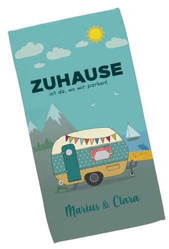 Herz & Heim® Personalisiertes Handtuch mit Camping-Motiv – Zuhause ist da, wo wir parken – 3 Größen – Badetuch, Handtuch & Gästehandtuch – Geschenk für Camper (M (50 x 100 cm))
