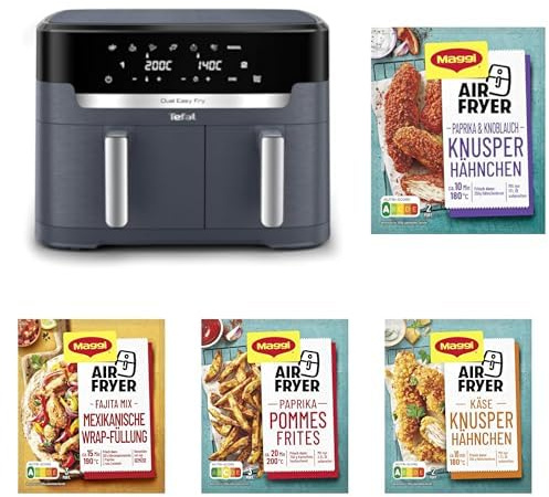 Tefal Dual Easy Fry XXL Doppelkammer-Heißluftfritteuse, 11 Liter Fassungsvermögen, EY942BE0 und MAGGI Airfryer Knusper Hähnchen & Käse, Hähnchen & Paprika, Pommes Frites, Mexikanische Wrap Füllung