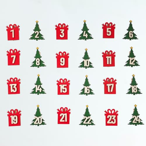 PIujsym 24 Stück Adventskalender Klammern 1-24, Adventskalender Zahlen Holz zum Basteln, Holzklammern Adventskalender, Mini Holzzahlen Adventskalender Klammern für DIY Weihnachtskalender Deko