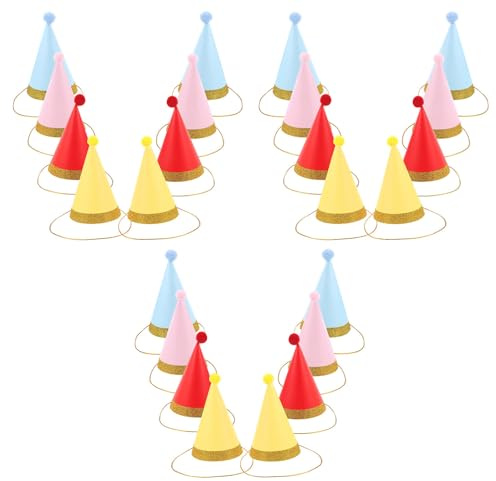 Toyvian 24 Piezas Sombreros Cono para Fiesta Infantil con Pompones y Borde Dorado Gorros de Papel para Cumpleaños y Bebés Ligero para Celebraciones y Sesiones de Fotos