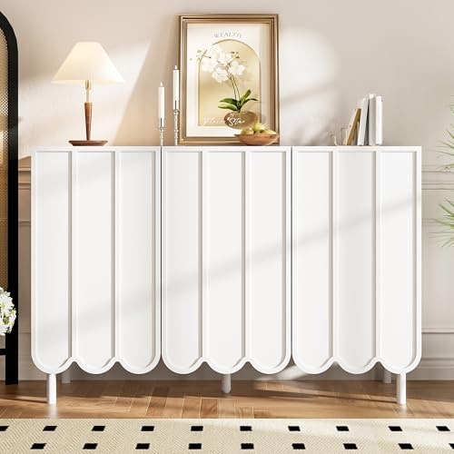 Buffet avec Portes ondulées sans poignées buffets étagères réglables Armoire latérale pour Salon Chambre à Coucher Salle à Manger Cuisine Couloir armoires de Rangement Blanc