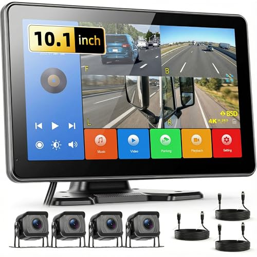 CAMECHO Rückfahrkamera 4 Kameras Set 10,1 IPS HD Monitor 4 Geteilte Rück und Vorder Kamera Weitwinkel,Rückfahrkamera-Set mit Verlustfreie Musik/BSD/DVR/Rückwärtshilfe für LKW/PKW/Bus/Van/Wohnmobile