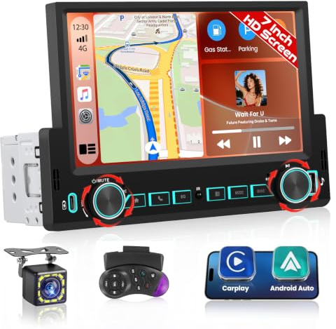 Hikity FM Android Radio Coche 1 DIN con Wired/Wireless CarPlay Android Auto | 7 Pulgadas HD Touchscreen Radio con Mirror Link EQ Bluetooth Control al Volante Carga vía USB Cámara y Función de Carga