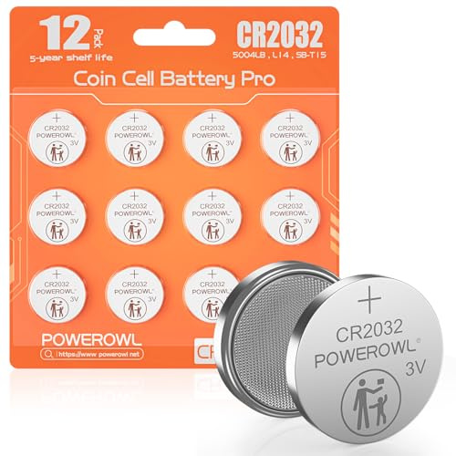 POWEROWL CR2032 Pilas de Botón de Litio 3V, Paquete de 12, Pilas 2032 de Larga Duración para Llaves de Coche, Mandos a Dispositivos Electrónicos, Embalaje de Seguridad para Niños-Naranja
