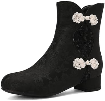 LDXEQIZ Stivali Cinesi Cheongsam Stivaletti Tradizionali da Donna con Ricami Floreali Stivaletti Eleganti con Tacco Scarpe alla Caviglia Taglie Forti, 36-43 EU(Black,41 EU)