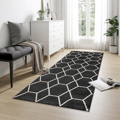 SANAT Wohnzimmerteppich – Pflegeleicht, für jeden Raum geeignet – Öko-Tex zertifizierter Flächenteppich – Trellis Muster, Schwarz, 80 x 150 cm
