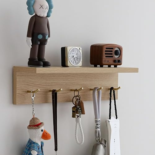 XAOMLP Marine Plywood Wall Mounted Coat Rack with Shelf & Key Hooks, 5 Brass Hooks Entryway Organizer, Modern Floating Shelf for Bedroom Hallway, Space-Saving Home Storage Rack (1, Oak Finish)